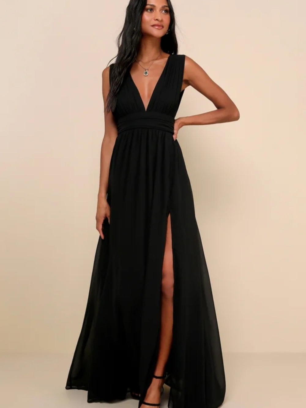 Black V-Neck Maxi Dress with Thigh Slit